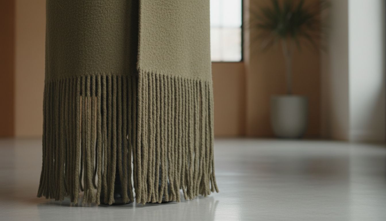 Деталь крупным планом: подол пальто из плотной шерсти цвета хаки, украшенный длинными, густыми нитями бахромы, которые едва не касаются пола.