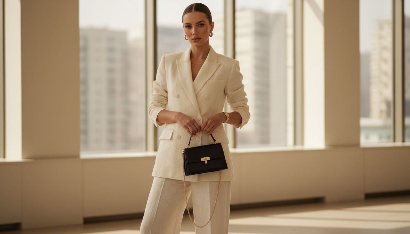 Женщина в строгом брючном костюме цвета слоновой кости, держащая в руке миниатюрную черную сумку с золотистой застежкой.