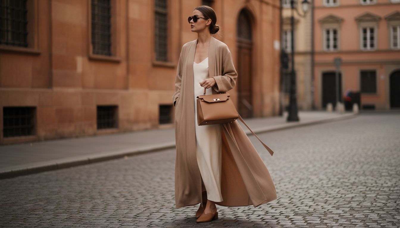 Модель в длинном, распахнутом пальто-халате песочного цвета, демонстрирующая, как сумка с короткой ручкой, прижатая к боку, собирает расслабленный силуэт.