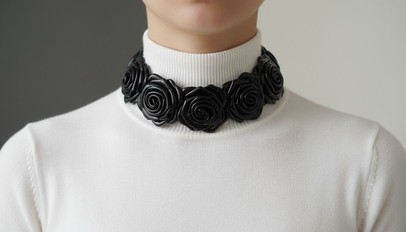 Крупный план на драматичный чокер, полностью состоящий из черных глянцевых розеток, надетый поверх тонкой белой водолазки.
