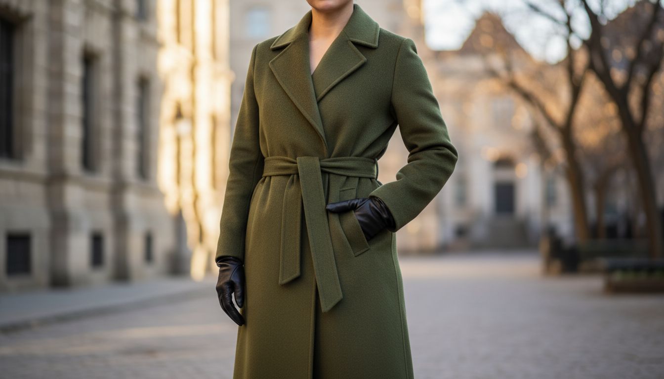 Длинное шерстяное пальто с поясом в оттенке мшистого оливкового, стилизованное с тонкими кожаными перчатками.
