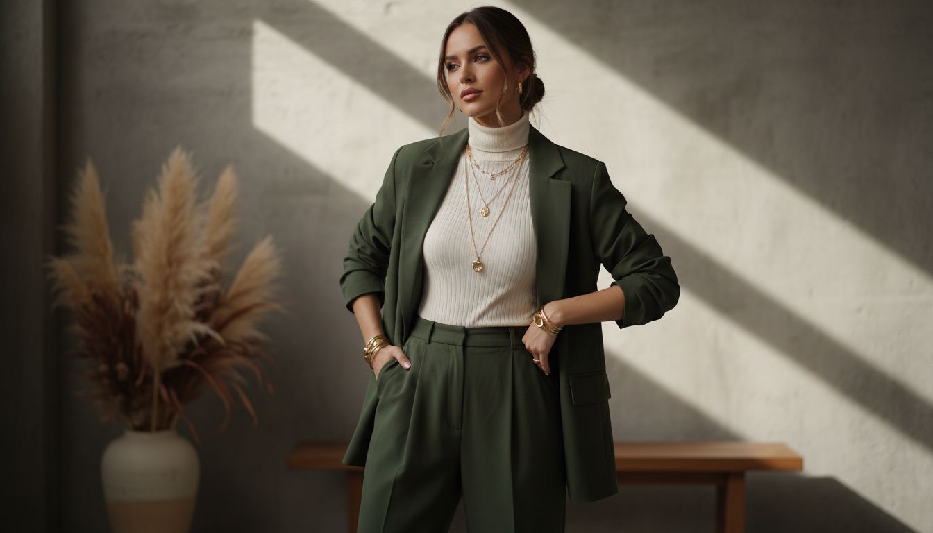 Брючный костюм оверсайз в мшистом оливковом цвете, надетый поверх тонкой водолазки, с золотыми украшениями.