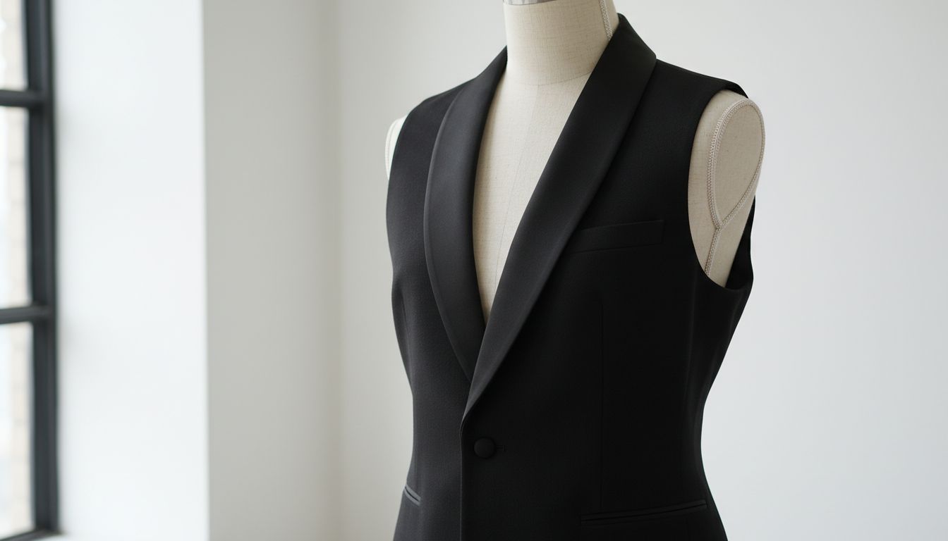 Детальный снимок длинного жилета-смокинга из черной шерсти с атласными лацканами, надетого на манекен, чтобы показать идеальную структуру плеча.