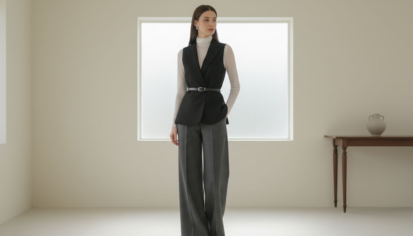 Модель в черном жилете-смокинге, тонкой белой водолазке и серых шерстяных брюках-палаццо. Акцент сделан на тонком ремне, подчеркивающем талию поверх жилета.