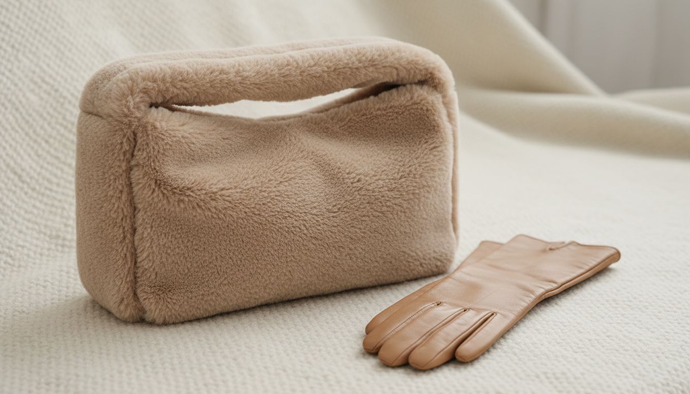 Крупный план элегантной сумки-багета, полностью выполненной из бежевого Teddy Fur, в сочетании с длинными кожаными перчатками.