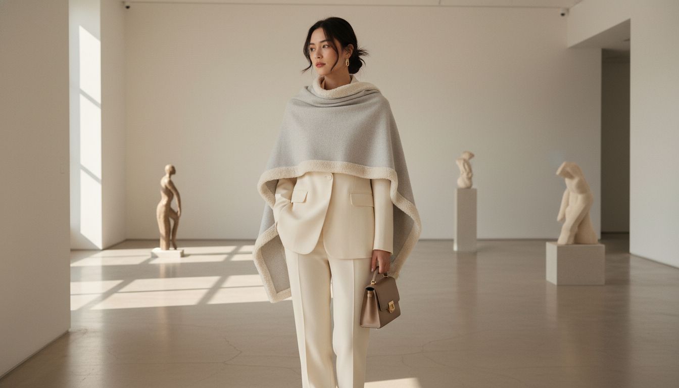 Девушка в брючном костюме цвета слоновой кости, поверх которого накинут тонкий кашемировый шарф, отделанный Faux Shearling по краям.