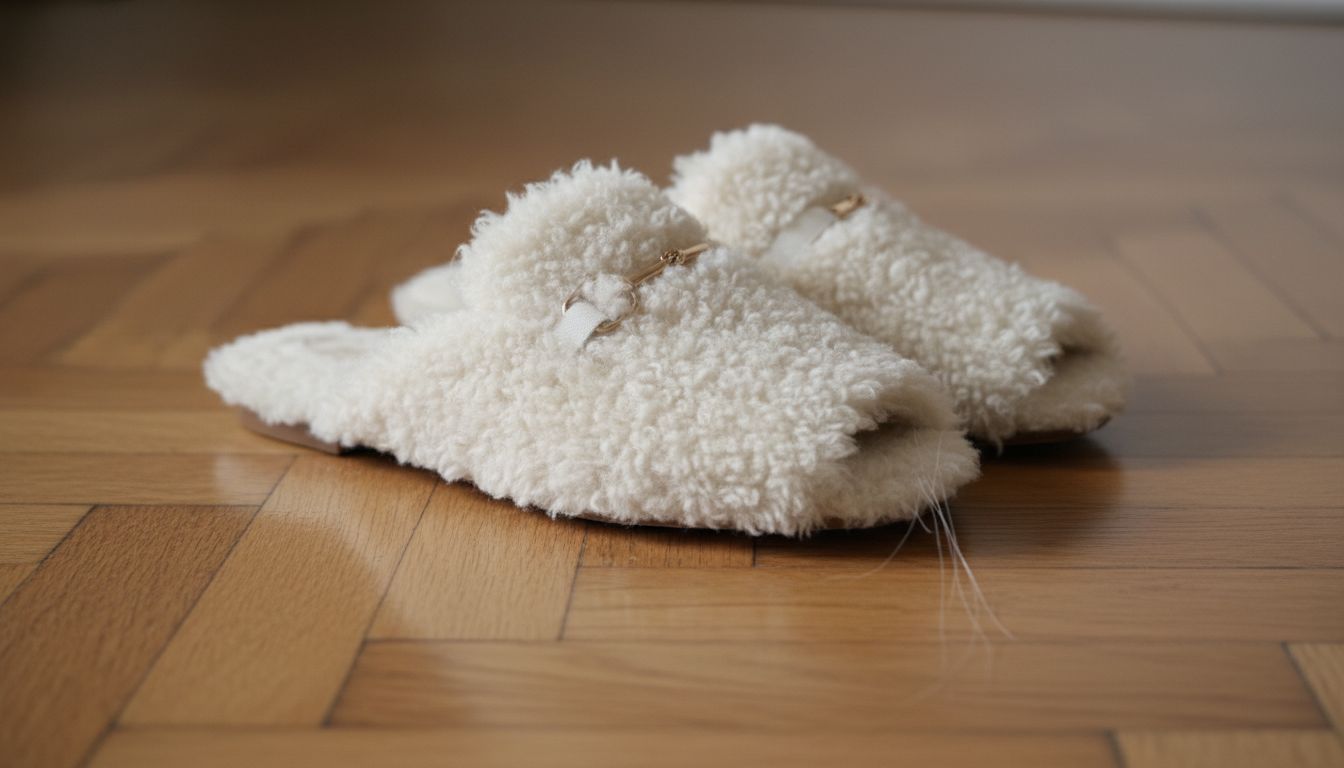 Крупный план белых мюлей с открытой пяткой, полностью отделанных Faux Shearling, стоящих на паркете.