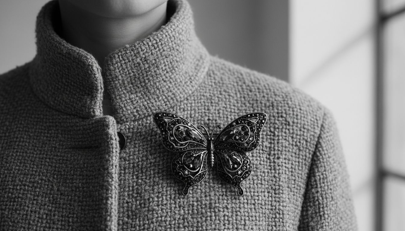 Детализированный монохромный образ: крупная брошь в виде бабочки на лацкане пальто из плотного букле с воротником-стойкой.