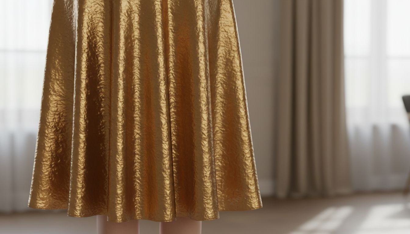 Крупный план юбки-миди из плотного золотистого атласа с эффектом жидкого металла, подчеркивающий ее струящуюся текстуру.