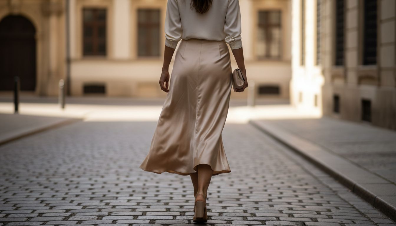 Женщина сзади, демонстрирующая идеальный крой по косой юбки из тяжелого атласа цвета шампанского, которая красиво струится при ходьбе.