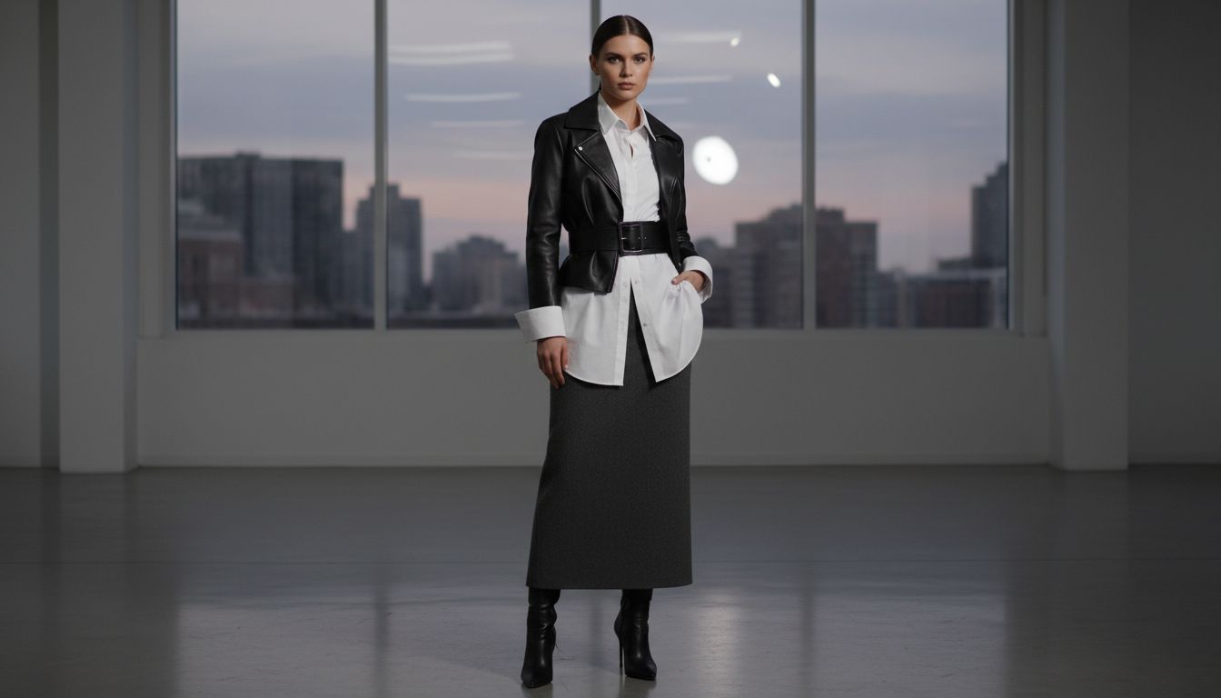 Стилизованный образ: кожаный ультра-короткий жакет-болеро, надетый поверх белой рубашки, с длинной шерстяной юбкой-карандаш.