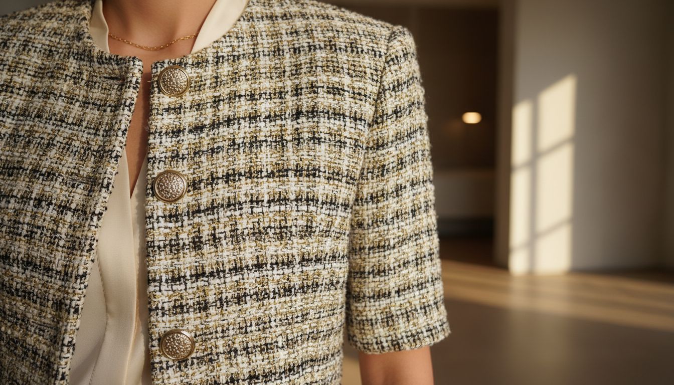 Крупный план: детали укороченного жакета-болеро из плотного твида с металлическими пуговицами и четкой линией плеча.