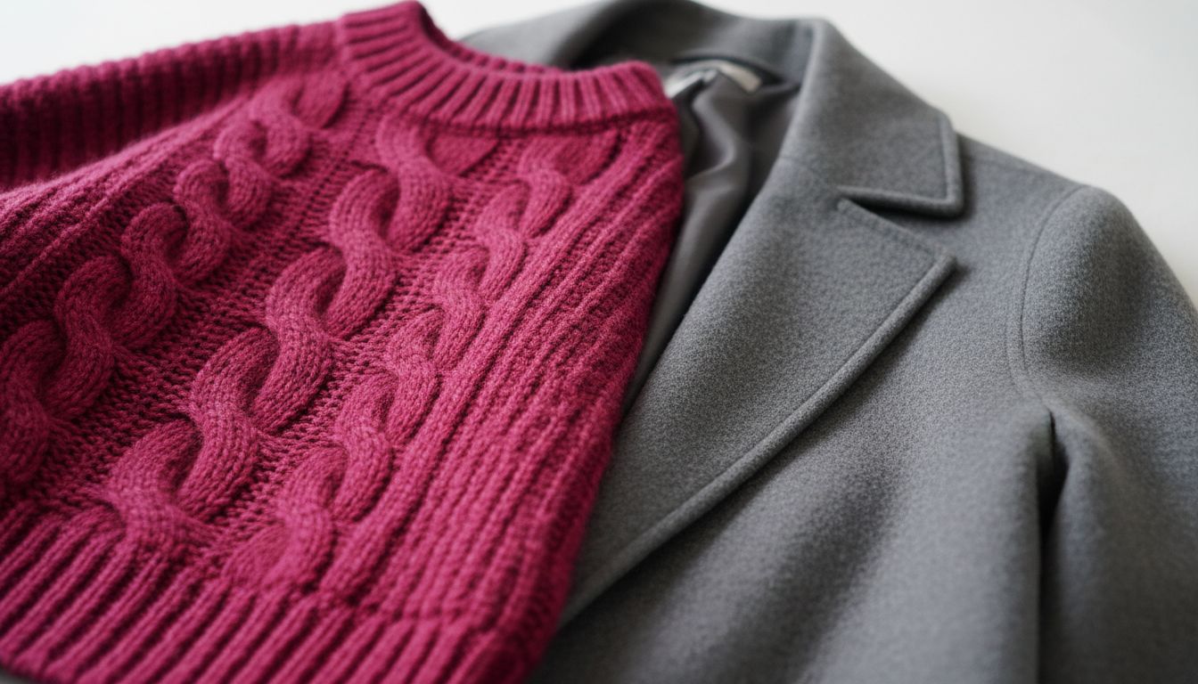 Крупный план на фактурный, объемный свитер цвета фуксии, связанный крупной вязкой, лежащий на фоне серого кашемирового пальто.