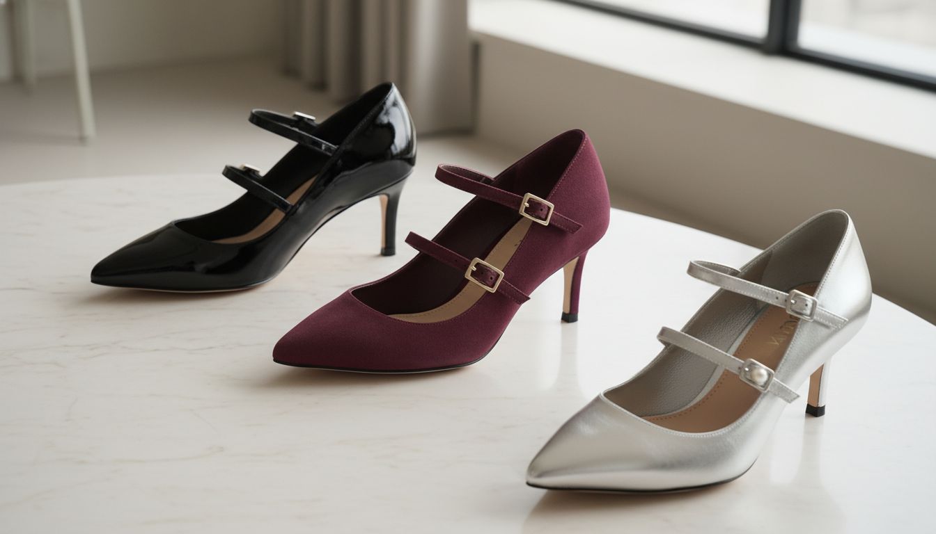 Подборка из трех пар остроносых Мэри-Джейн: черная лаковая, винная замша и серебряная кожа.