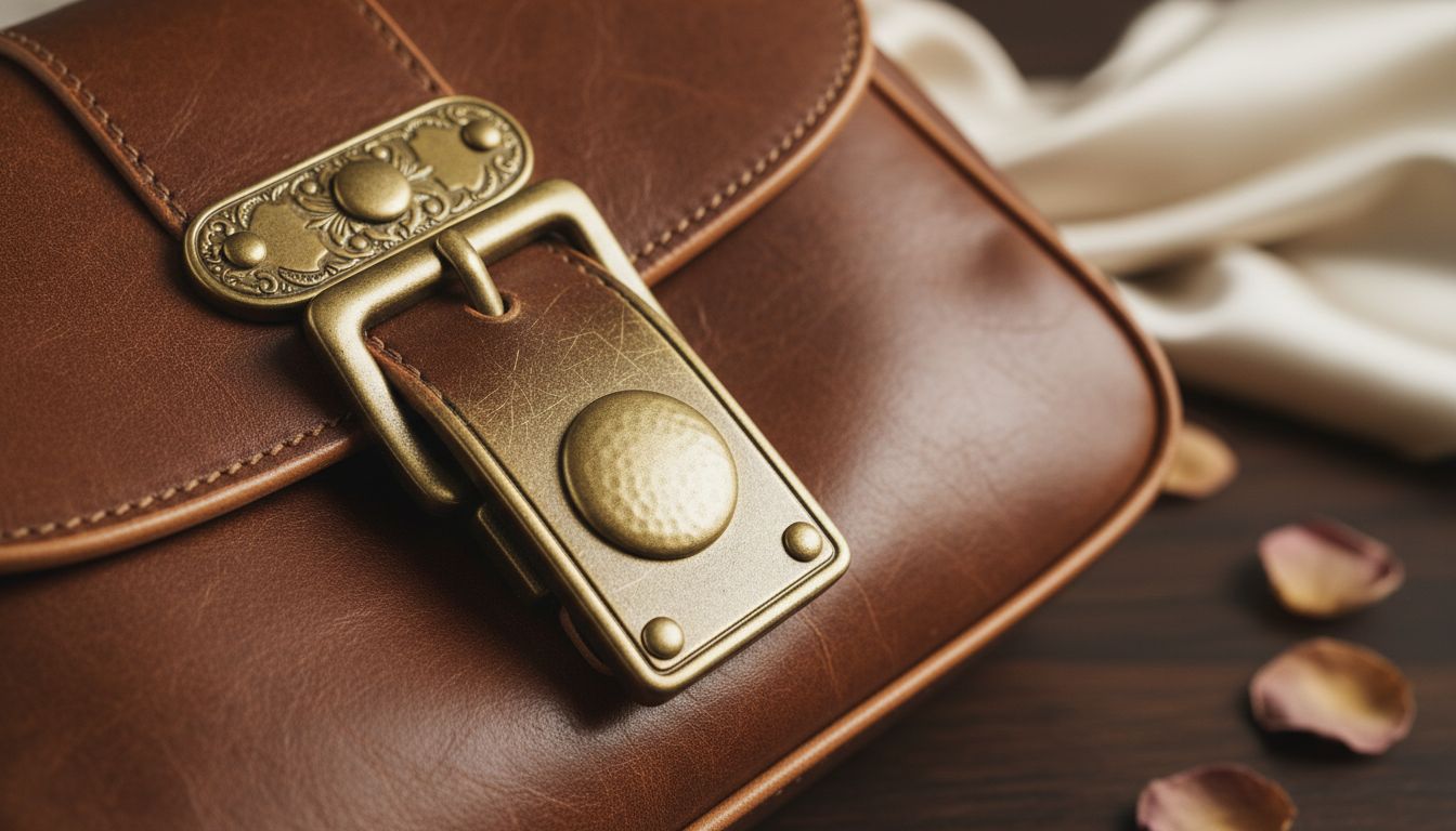 Крупный план матовой золотой фурнитуры на винтажной кожаной сумке, демонстрирующий эффект "античности" и благородного старения.