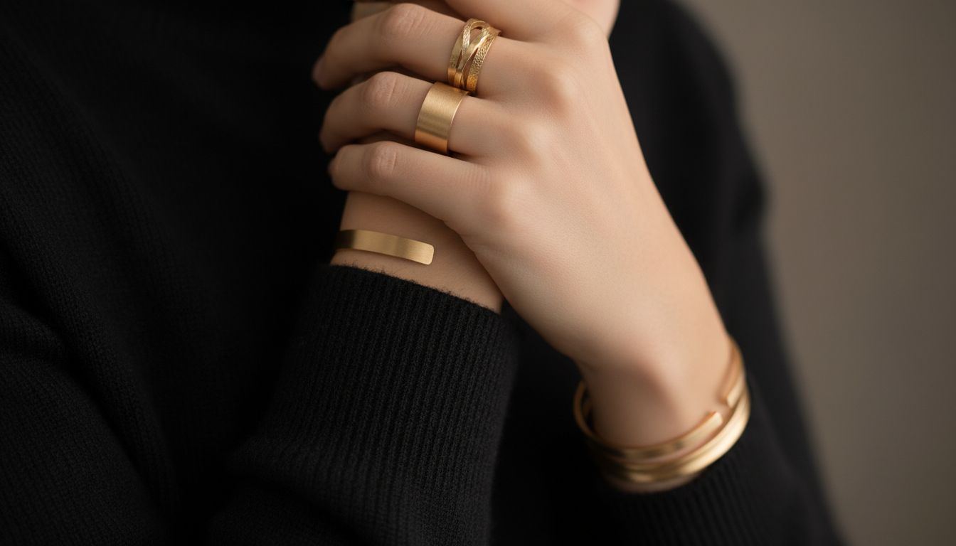 Набор матовых золотых колец и браслетов-манжетов, надетых поверх черного кашемирового свитера.