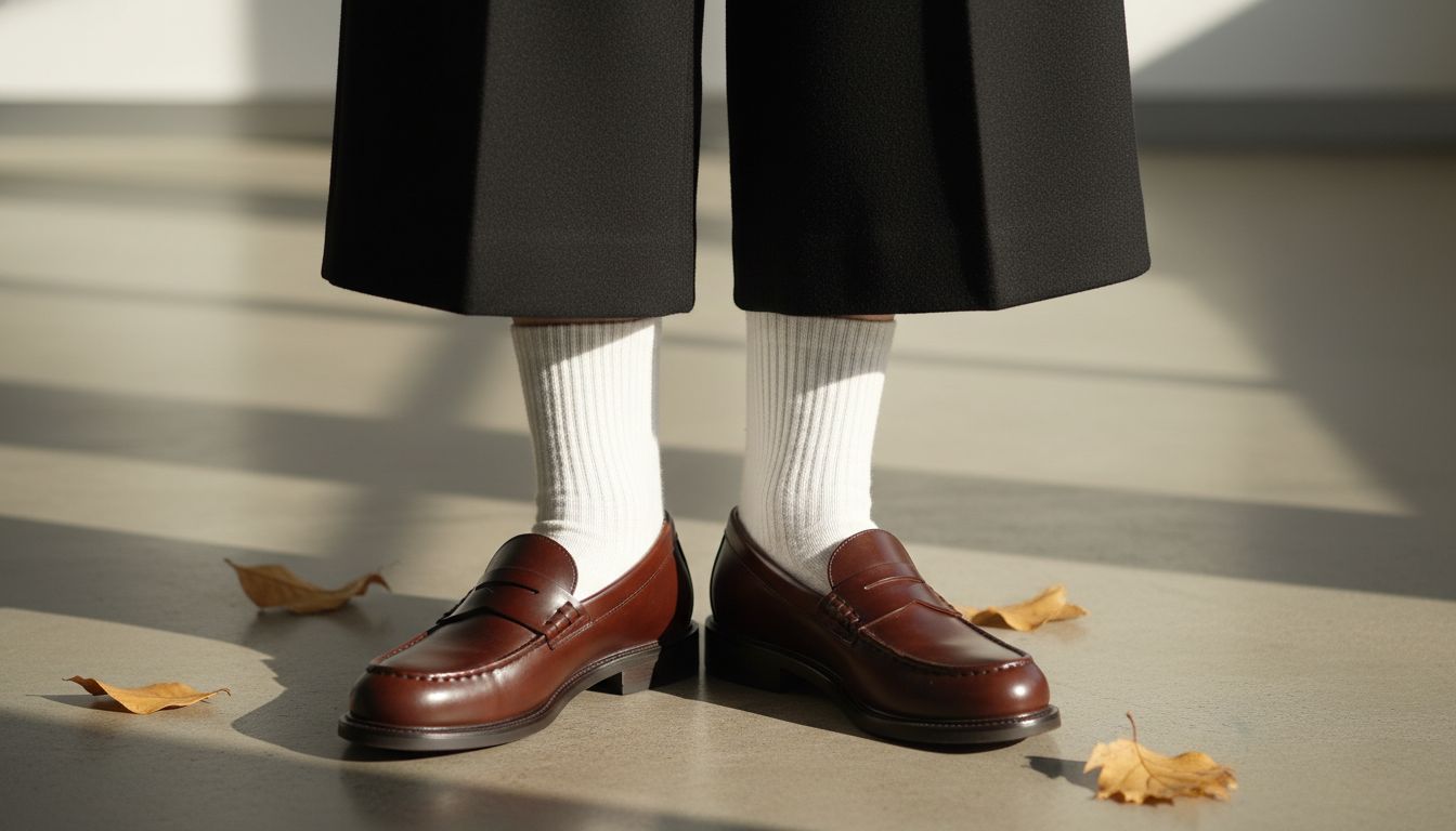 Лоферы с белыми носками, выглядывающими из-под черных шерстяных кюлотов. Фокус на контрасте текстур.