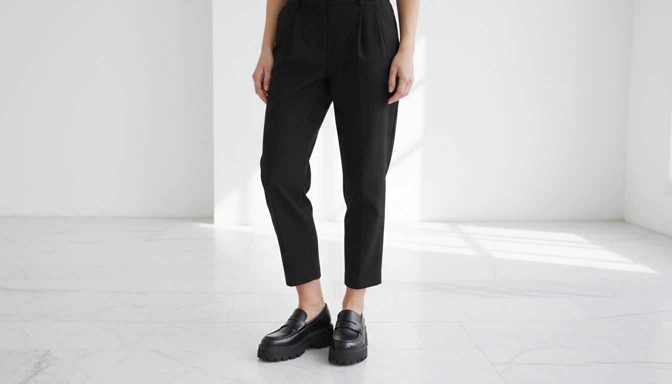 Женщина в черных кожаных лоферах на массивной подошве, стоящая на мраморном полу, демонстрирующая укороченные брюки с защипами.