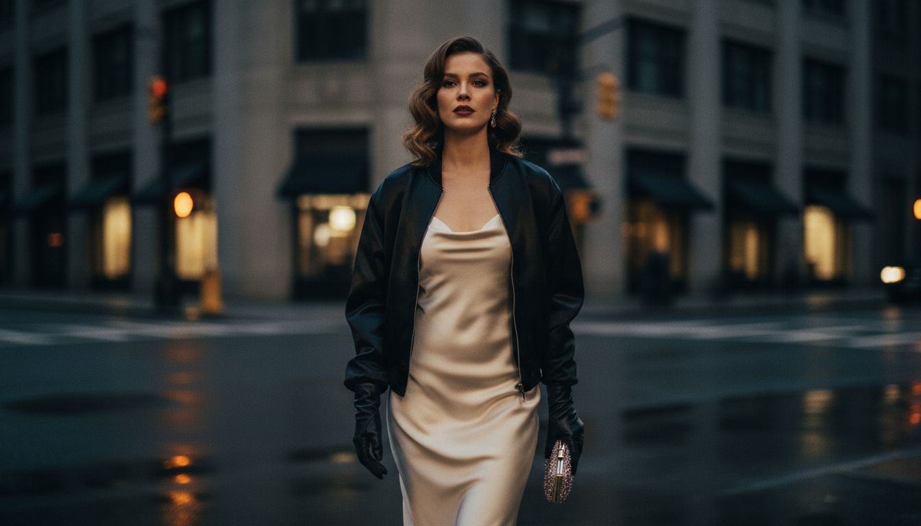 Девушка в вечернем образе: атласный черный бомбер, накинутый на шелковое платье-комбинацию, с длинными кожаными перчатками.