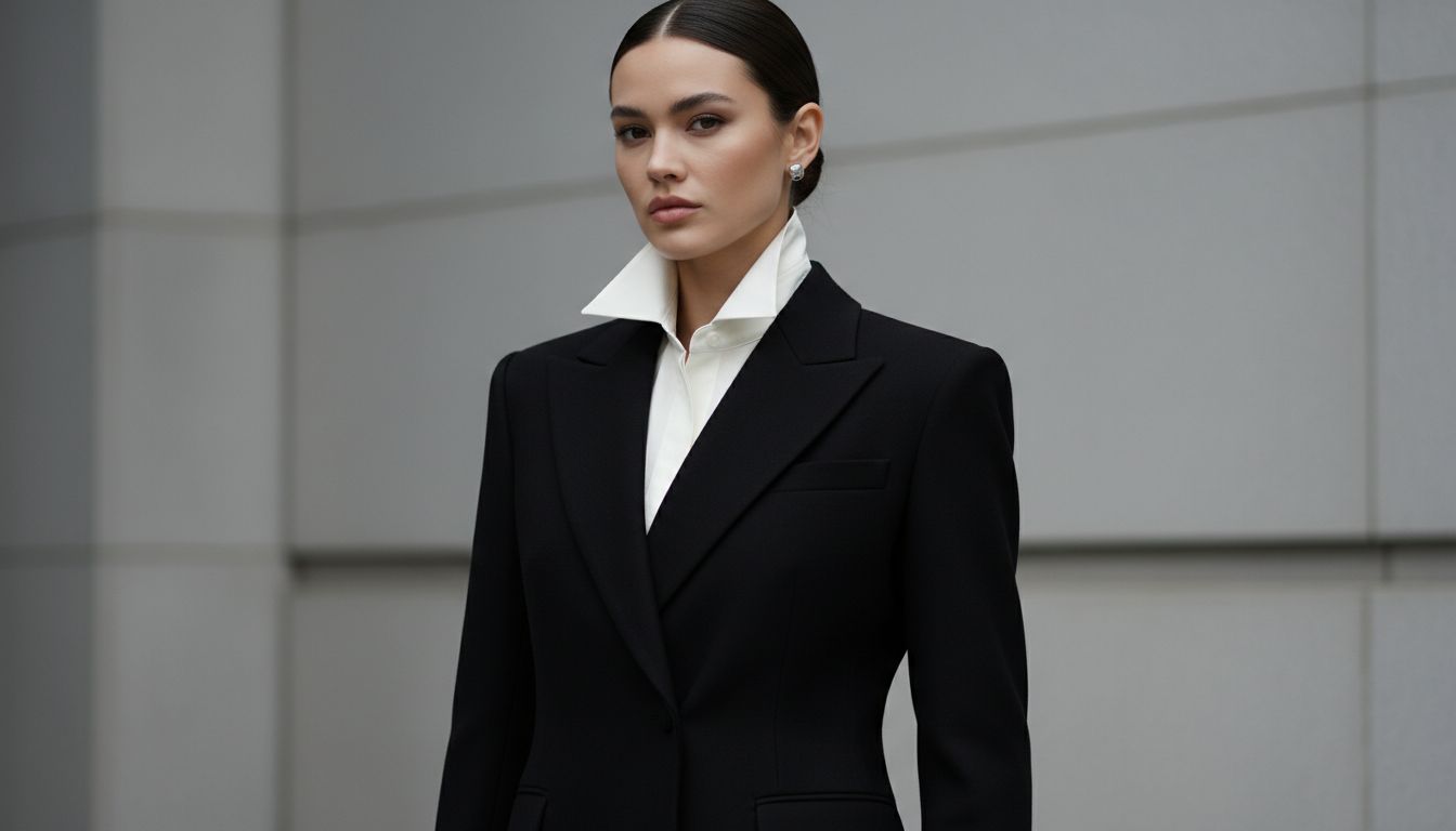 Женщина в черном шерстяном жакете с острыми лацканами, из-под которого выведены концы белого остроугольного воротника рубашки.