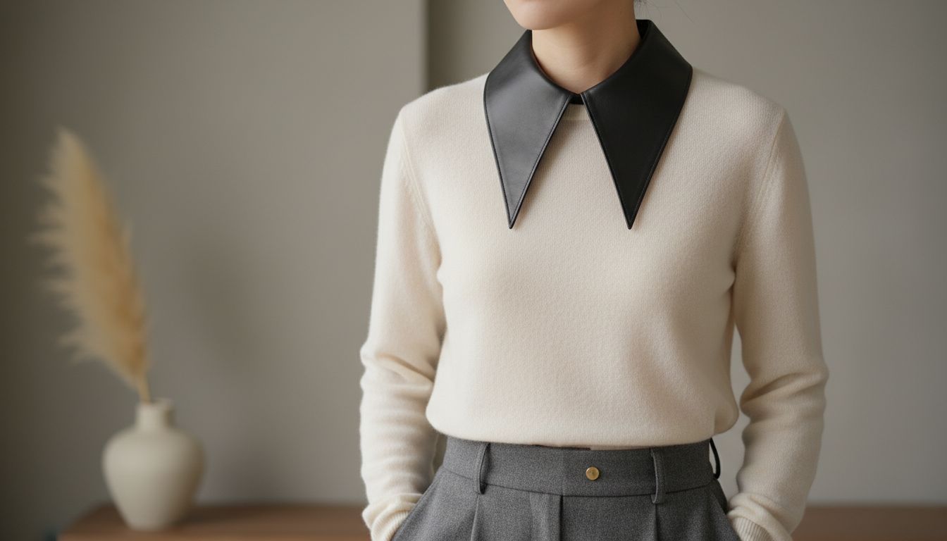 Съемный остроугольный воротник из черной кожи, надетый поверх тонкого кашемирового джемпера.