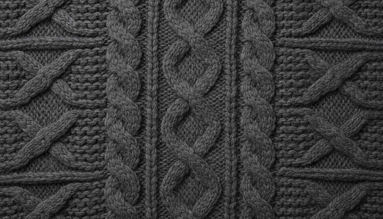 Крупный план свитера из толстой шерсти аранского вязания в оттенке Charcoal Grey, демонстрирующий богатство текстуры.