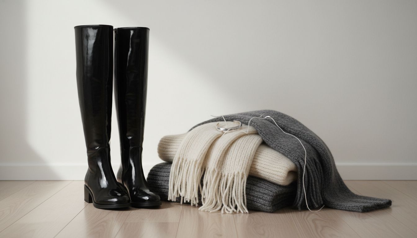 Стилизованный натюрморт с ботфортами из лакированной кожи рядом с кучей мягких шерстяных шарфов и шапок, демонстрирующий контраст текстур.