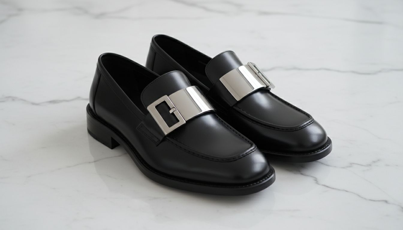 Пара массивных лоферов из глянцевой кожи с гипертрофированной прямоугольной металлической пряжкой на фоне мраморного пола.