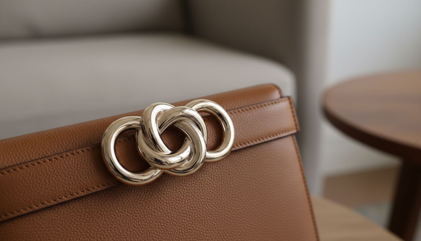 Деталь: крупная пряжка на ремне, выполненная в виде сложного, переплетенного узла из полированного металла, лежащая на поверхности дорогой сумки.