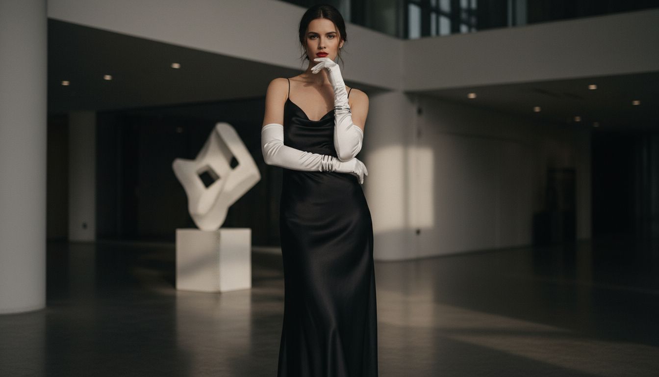 Женщина в черном атласном платье-комбинации, дополненном длинными белыми оперными перчатками и минималистичными украшениями на запястье.
