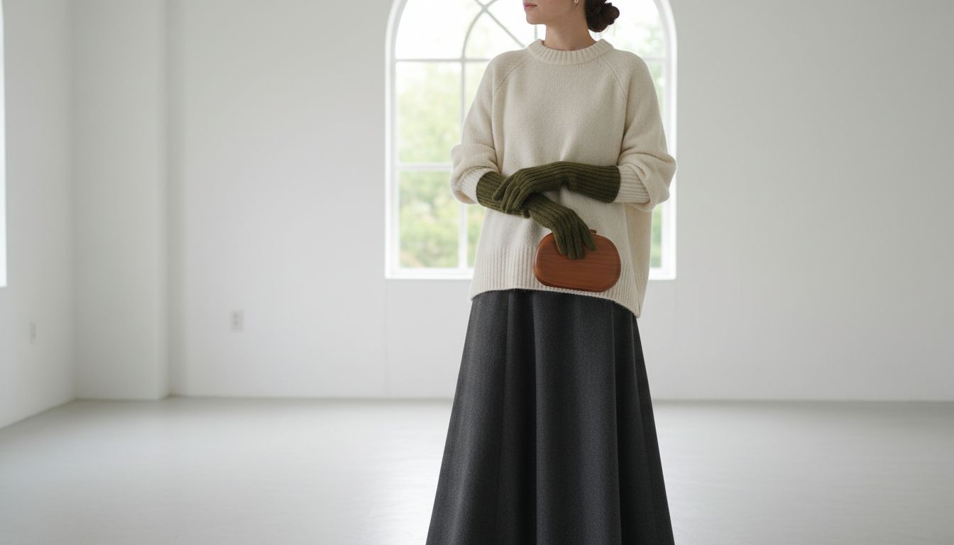 Модель в длинных шерстяных перчатках цвета мшистый оливковый, стилизованных с оверсайз свитером и юбкой-макси.