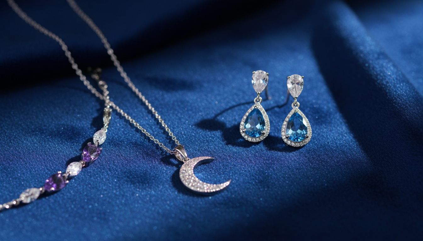 Крупный план серебряных украшений с кристаллами на фоне синей бархатной ткани.