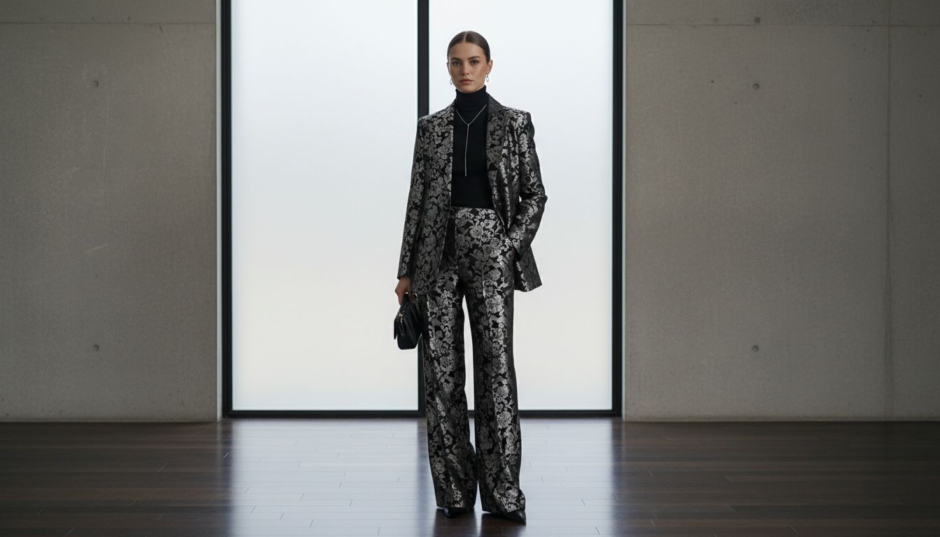 Брючный костюм из плотного черного броката с серебристым цветочным узором, стилизованный с тонкой черной водолазкой.