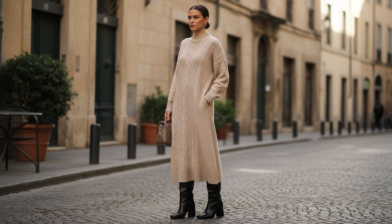 Женщина в длинном вязаном платье и высоких сапогах с квадратным носом, создающая контраст между мягкостью трикотажа и жесткостью обуви.