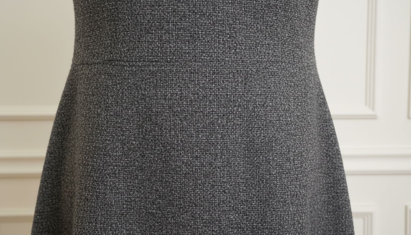 Крупный план текстуры плотного шерстяного платья-мини трапециевидного силуэта.