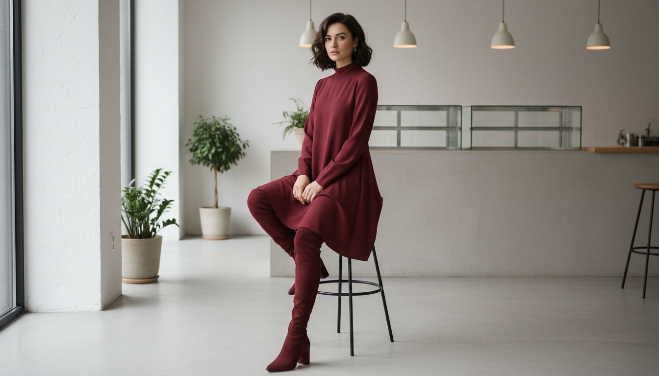 Девушка в бордовом трапециевидном платье, плотных колготках в тон и замшевых ботфортах, сидит на барном стуле.