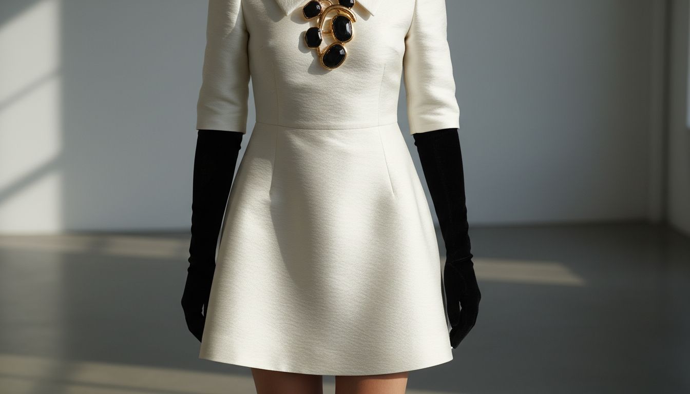 Детальный вид стилизации A-Line мини с оперными перчатками и массивной брошью на воротнике.