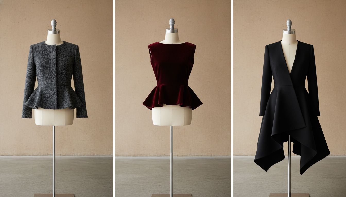 Коллекция из трех образов: жакет с баской из угольно-серого букле, топ с баской из винного велюра и черный жакет с асимметричной баской.