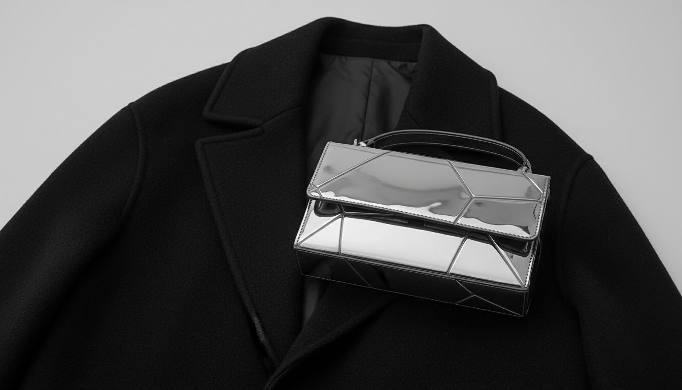 Крупный план хромированной серебряной сумки геометрической формы, лежащей на фоне черного пальто.