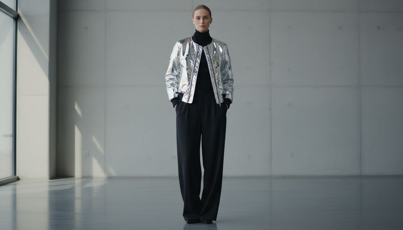 Модель в хромированном бомбере, черных широких брюках и водолазке, демонстрирующая баланс текстур.