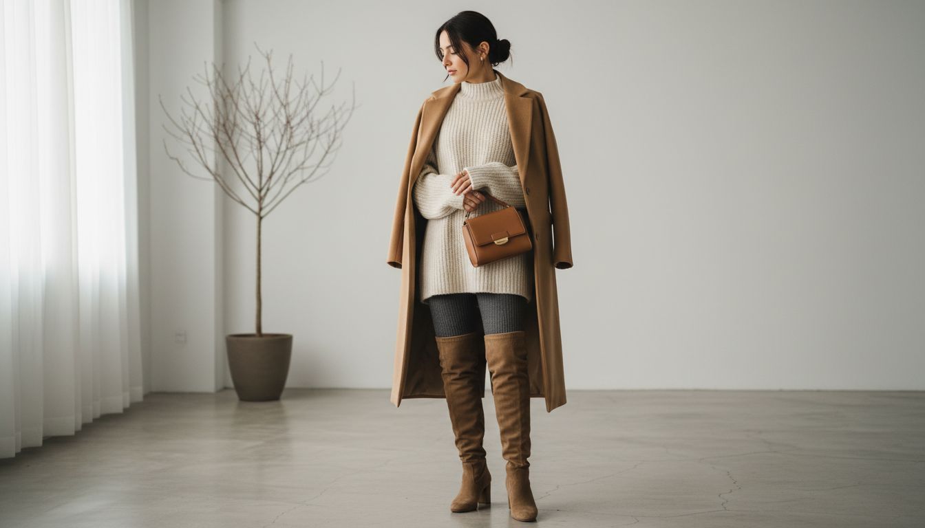 Образ с плотными шерстяными колготками в рубчик и ботфортами из замши.