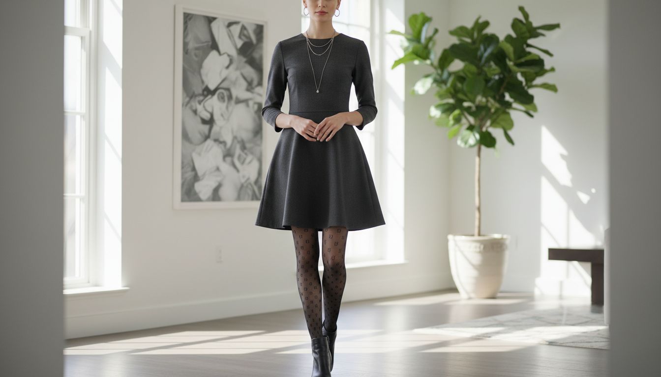 Стилизация колготок с мелким геометрическим узором и трапециевидным платьем.