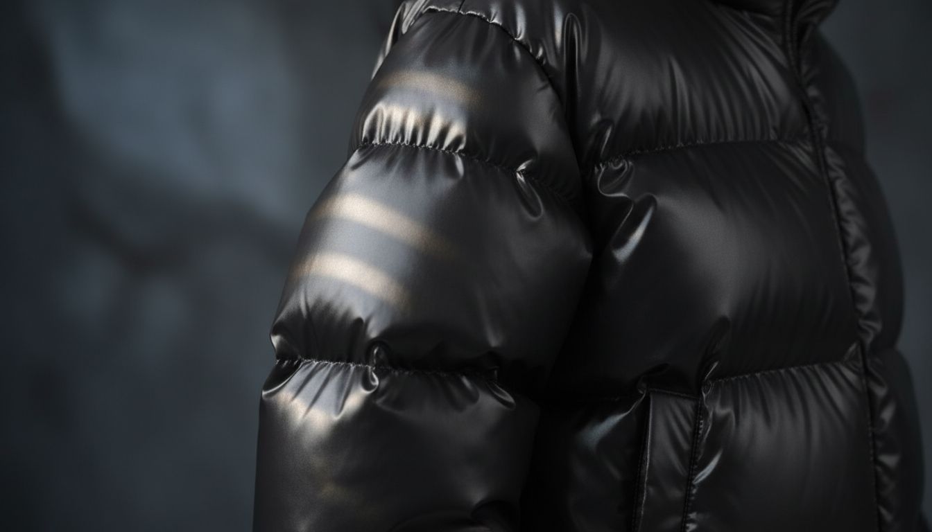 Крупный план глянцевой текстуры черного пуховика, подчеркивающий его блеск и объемную прострочку.