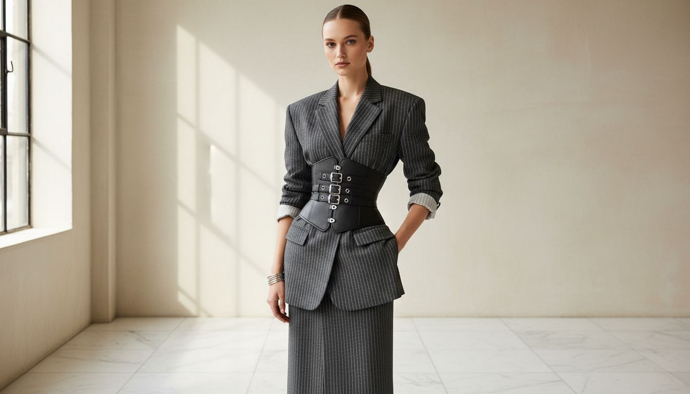 Модель в удлиненном, маскулинном жакете в полоску, который перехвачен широким черным корсетным ремнем с металлической фурнитурой, подчеркивающим талию.