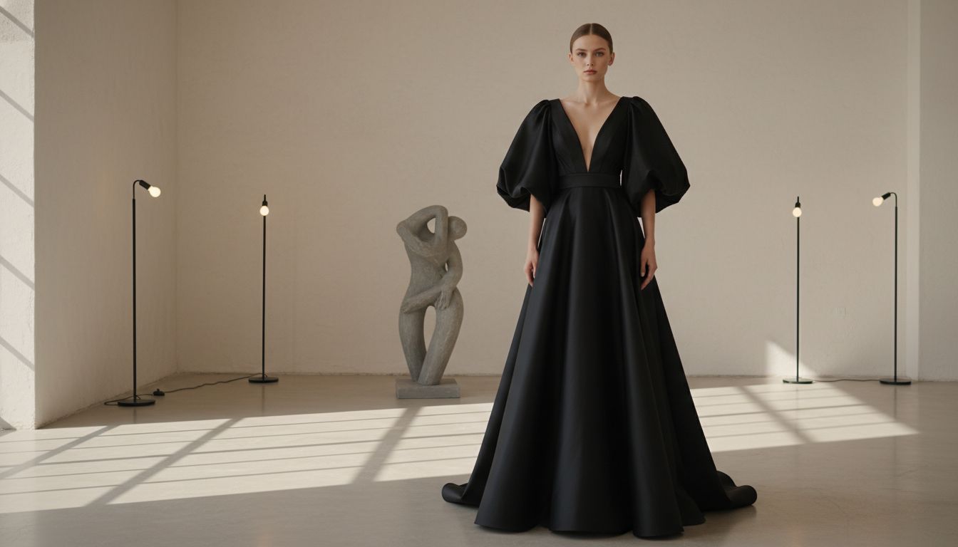 Модель в черном вечернем платье с V-образным вырезом и огромными рукавами-баллонами из тафты, стоящая на фоне минималистичного интерьера.
