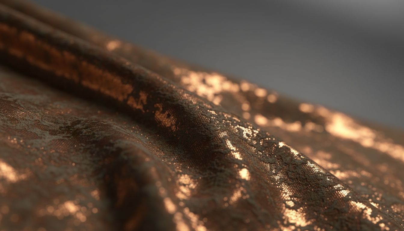 Крупный план ткани ламе оттенка меди с эффектом потертости, демонстрирующий сложную игру света и тени, создающую эффект патины.