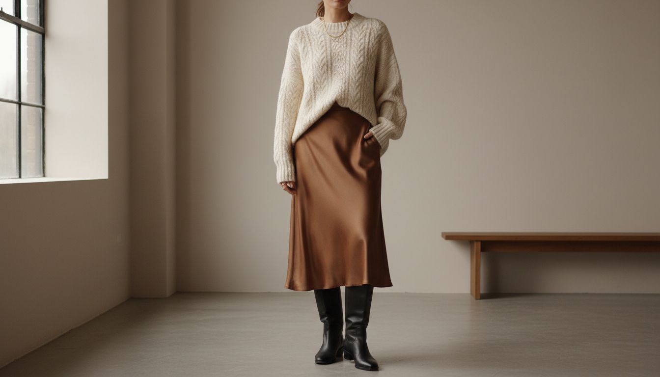 Стилизованный образ: Бронзовая шелковая юбка-миди, сочетающаяся с объемным свитером крупной вязки цвета слоновой кости и высокими сапогами из матовой кожи.