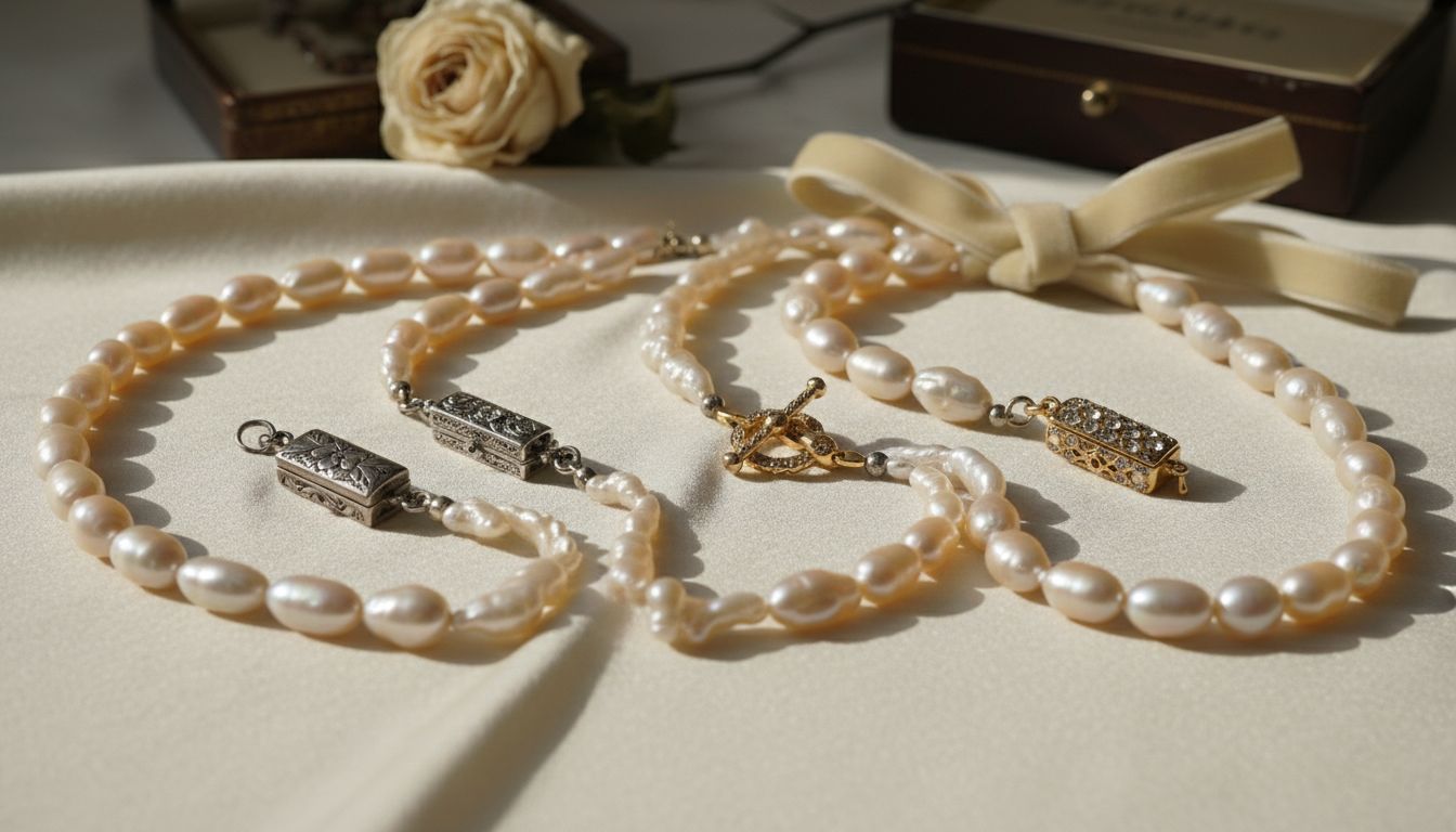 Подборка винтажных жемчужных чокеров с разными типами застежек и жемчужинами барочной формы.
