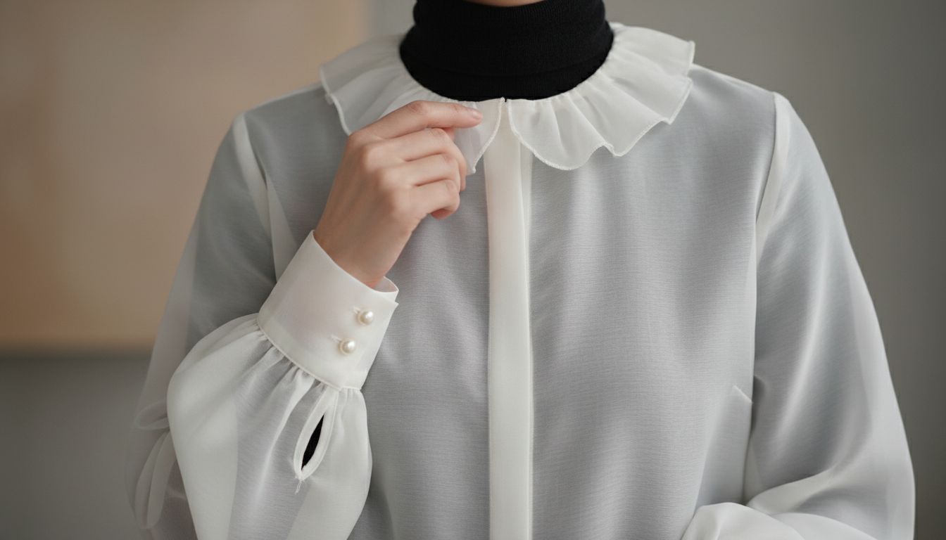 Крупный план на воротник и манжеты блузки из молочной органзы, надетой поверх черной кашемировой водолазки.