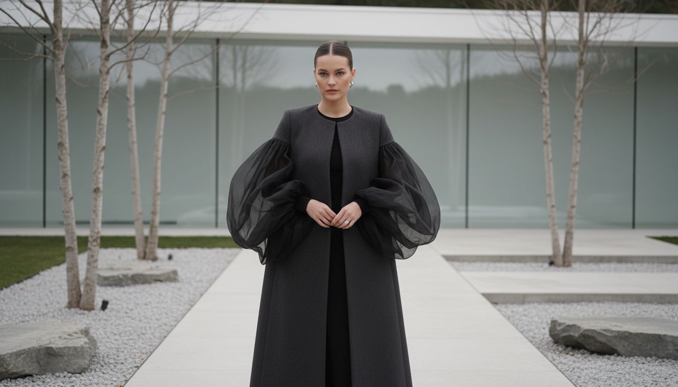 Модель в пальто-кейпе, из-под которого видны огромные, полупрозрачные рукава-баллоны из черной органзы.